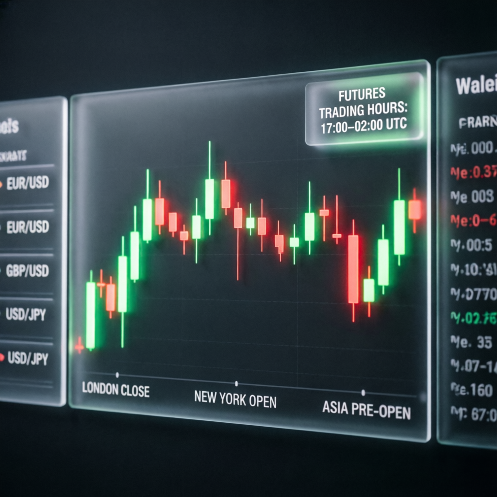 Futures trading hours chart showing overnight session candlestick patterns for Topstep compliance