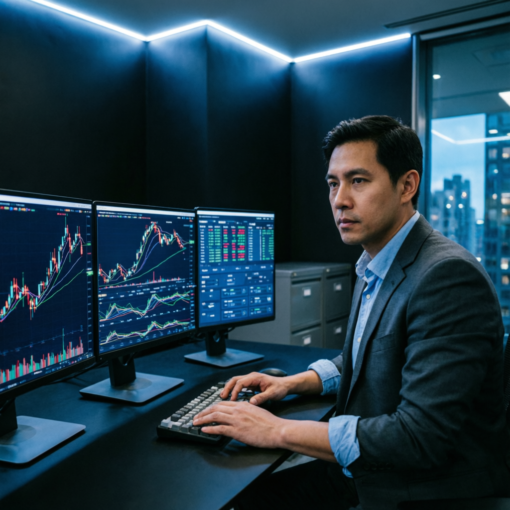 Professional trader analyzing overnight market positions on multiple screens