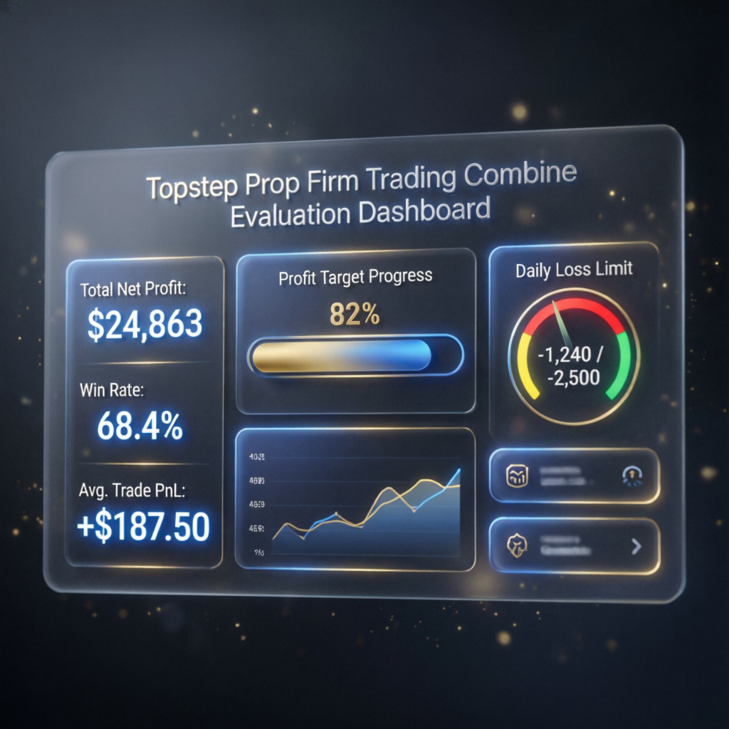 Topstep prop firm trading combine evaluation dashboard showing profit metrics and performance
