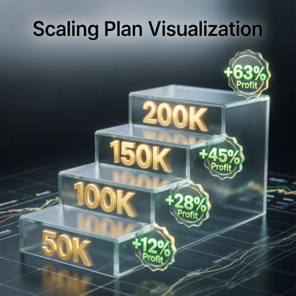 Topstep scaling plan visualization showing account growth from 50K to 200K