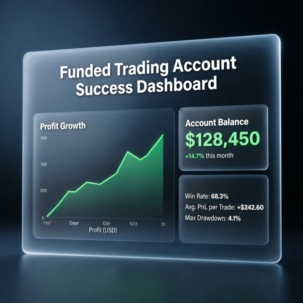 Funded trading account success dashboard showing profit growth and account metrics