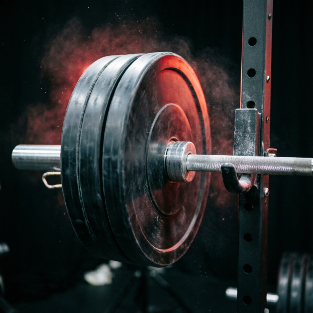 Concept imagery — loaded barbell with chalk dust