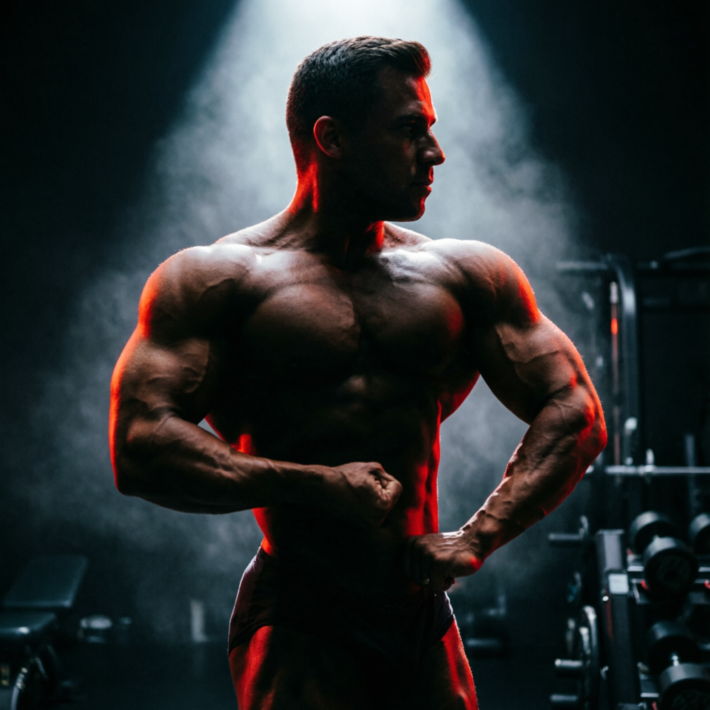 Concept imagery — side pose under a spotlight