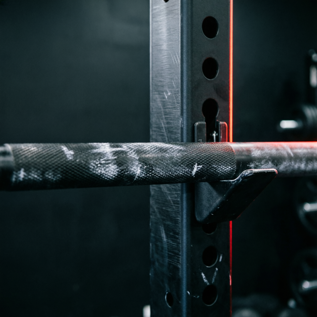 Concept imagery — chalked barbell racked