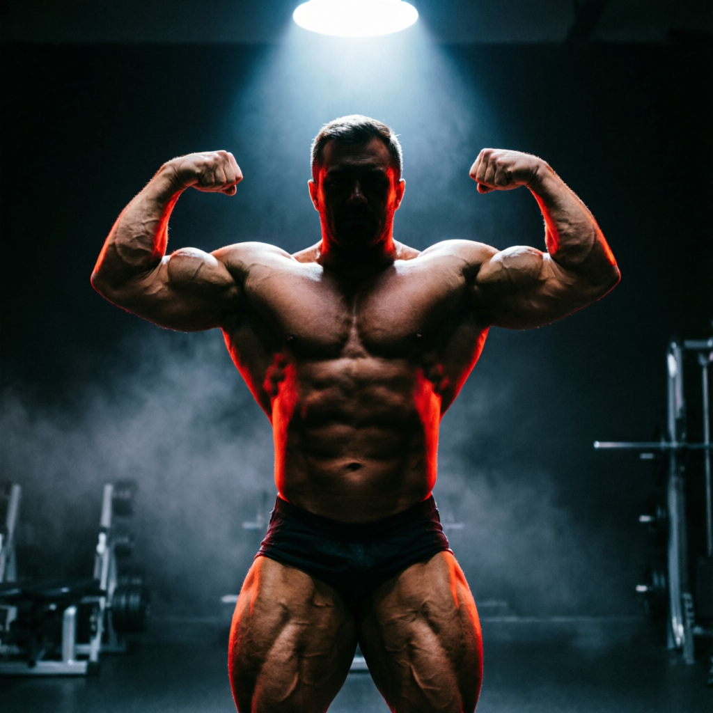 Concept imagery — double biceps pose under a spotlight
