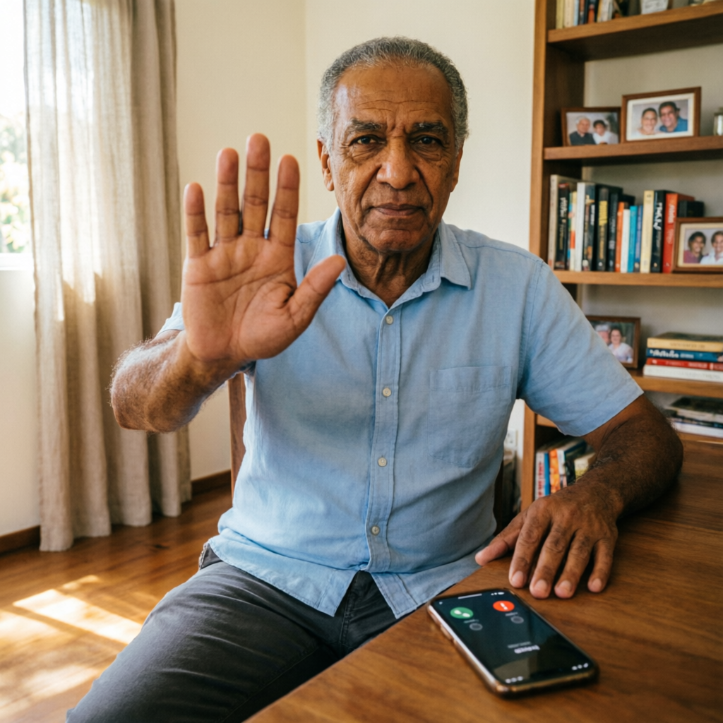 Pessoa idosa se protegendo de golpe no celular