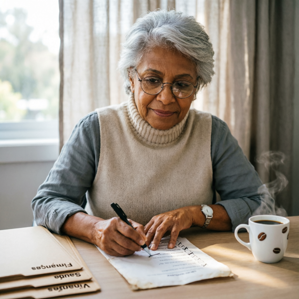 Senhora idosa serena marcando um checklist em uma mesa organizada