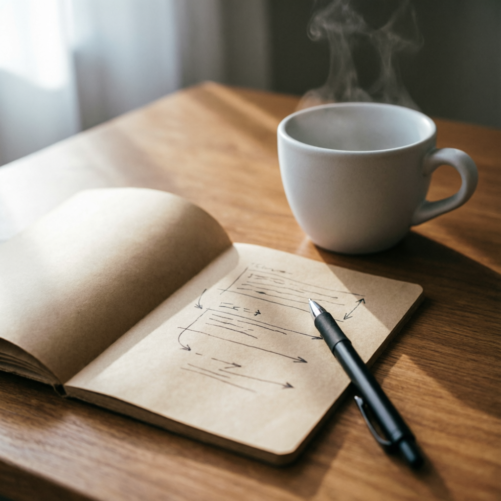Caderno com plano esquematizado ao lado de café