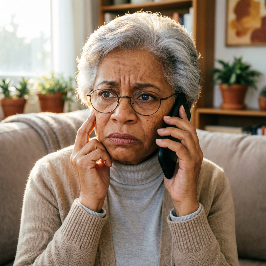 Senhora idosa preocupada atendendo uma ligação suspeita no celular