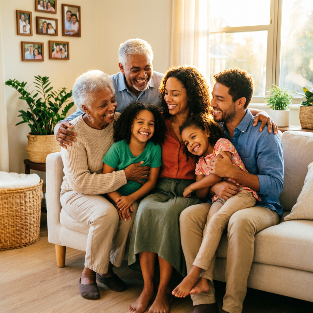 Família de várias gerações reunida e sorridente
