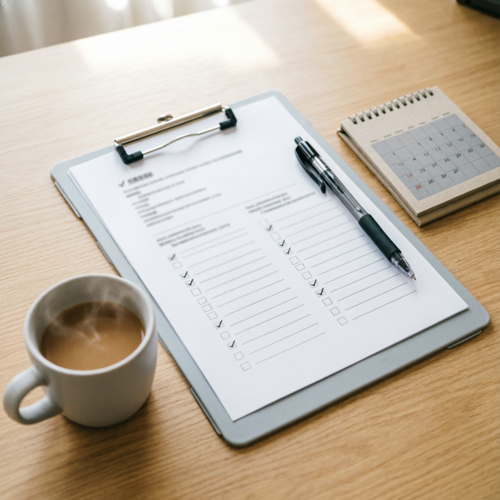 Prancheta com checklist, caneta e calendário