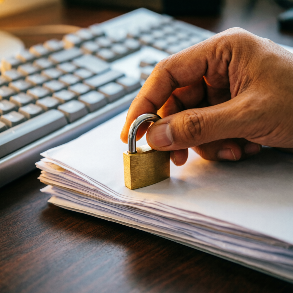 Mão fechando cadeado sobre documentos