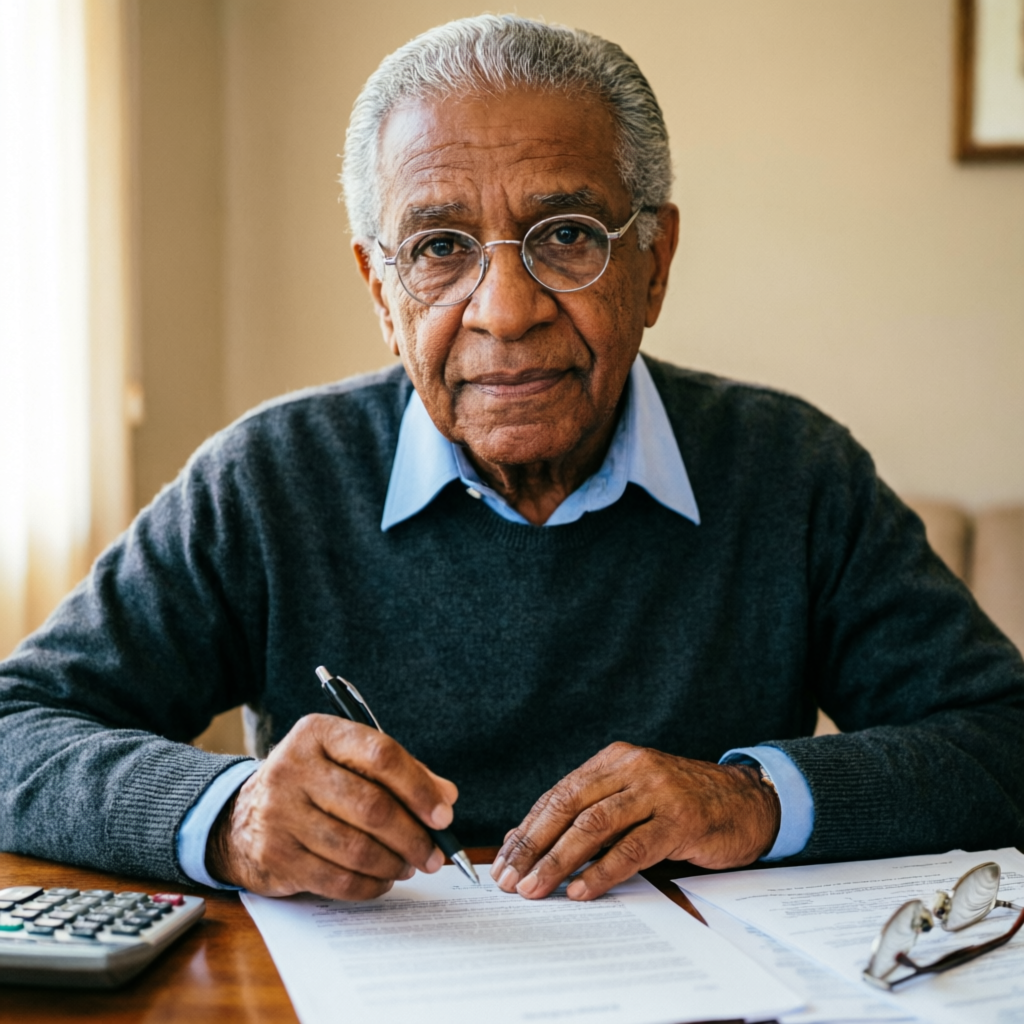 Senhor analisando contrato antes de assinar