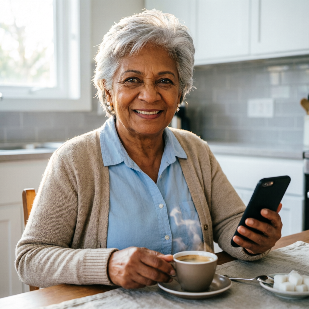 Pessoa idosa usando canais oficiais no celular com confiança