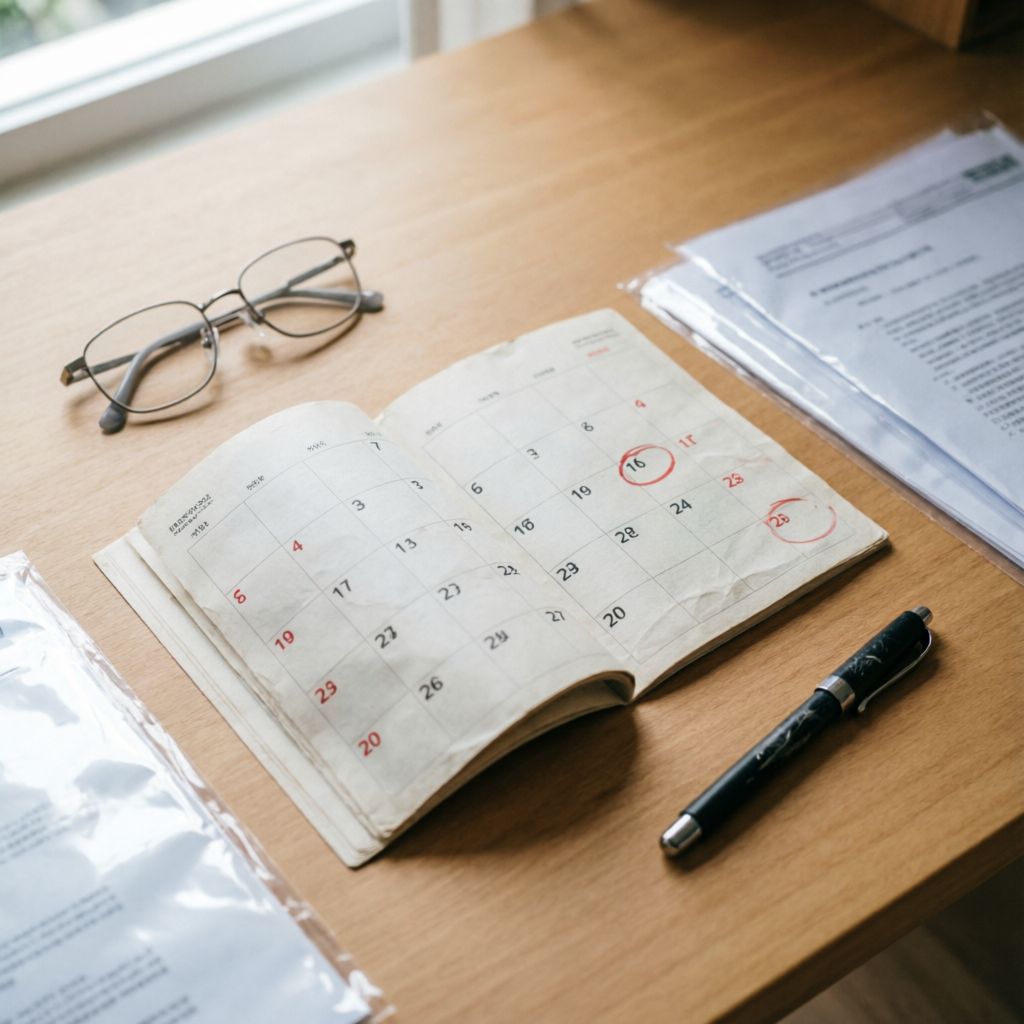 Calendário com datas marcadas ao lado de documentos