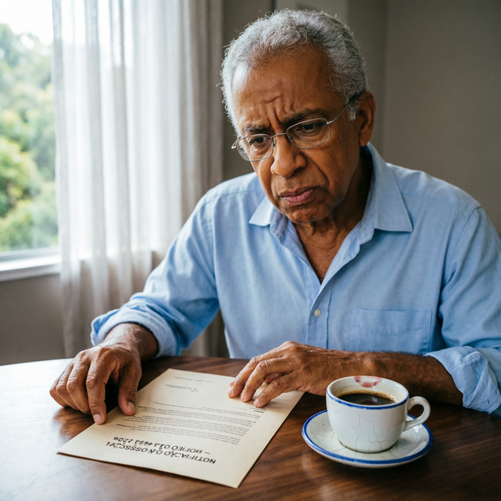 Senhor idoso confuso lendo uma carta oficial na mesa com café