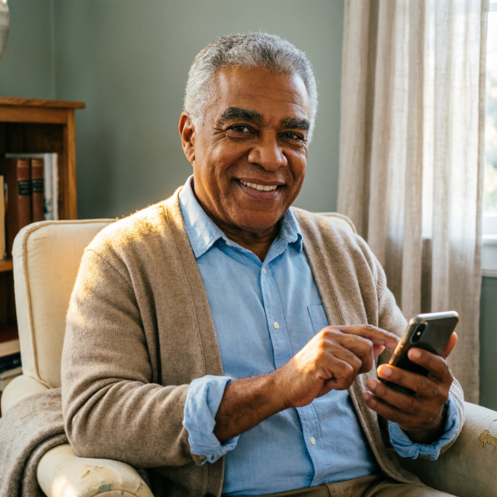 Senhor idoso sorrindo enquanto usa o WhatsApp no celular