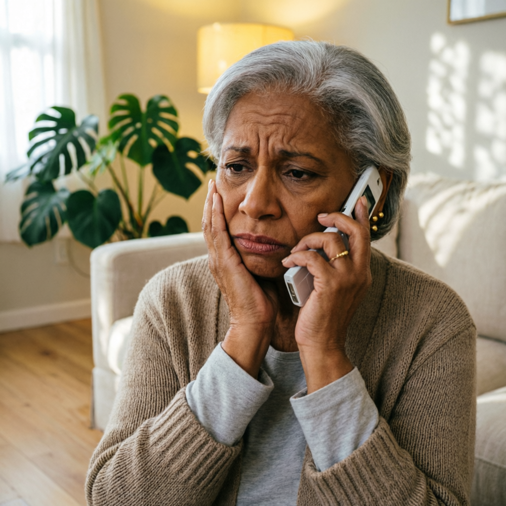 Senhora preocupada atendendo o telefone