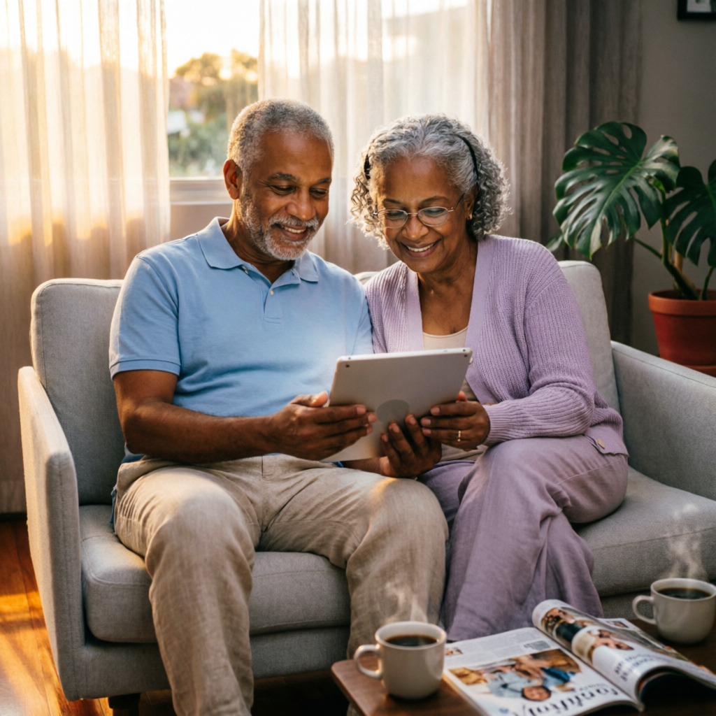 Casal idoso feliz e tranquilo olhando um tablet juntos no sofá
