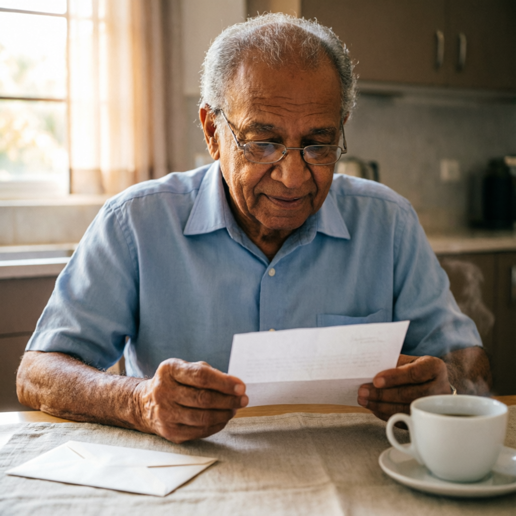 Senhor lendo uma carta na mesa da cozinha