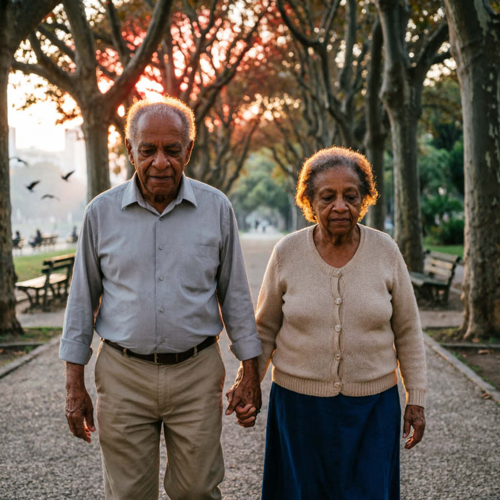 Casal idoso caminhando de mãos dadas no parque ao entardecer