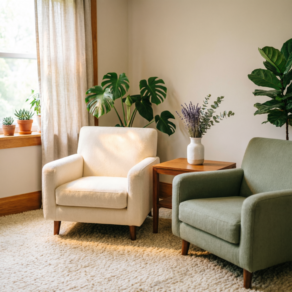 Consulta presencial cálida con dos sillones, plantas y luz natural