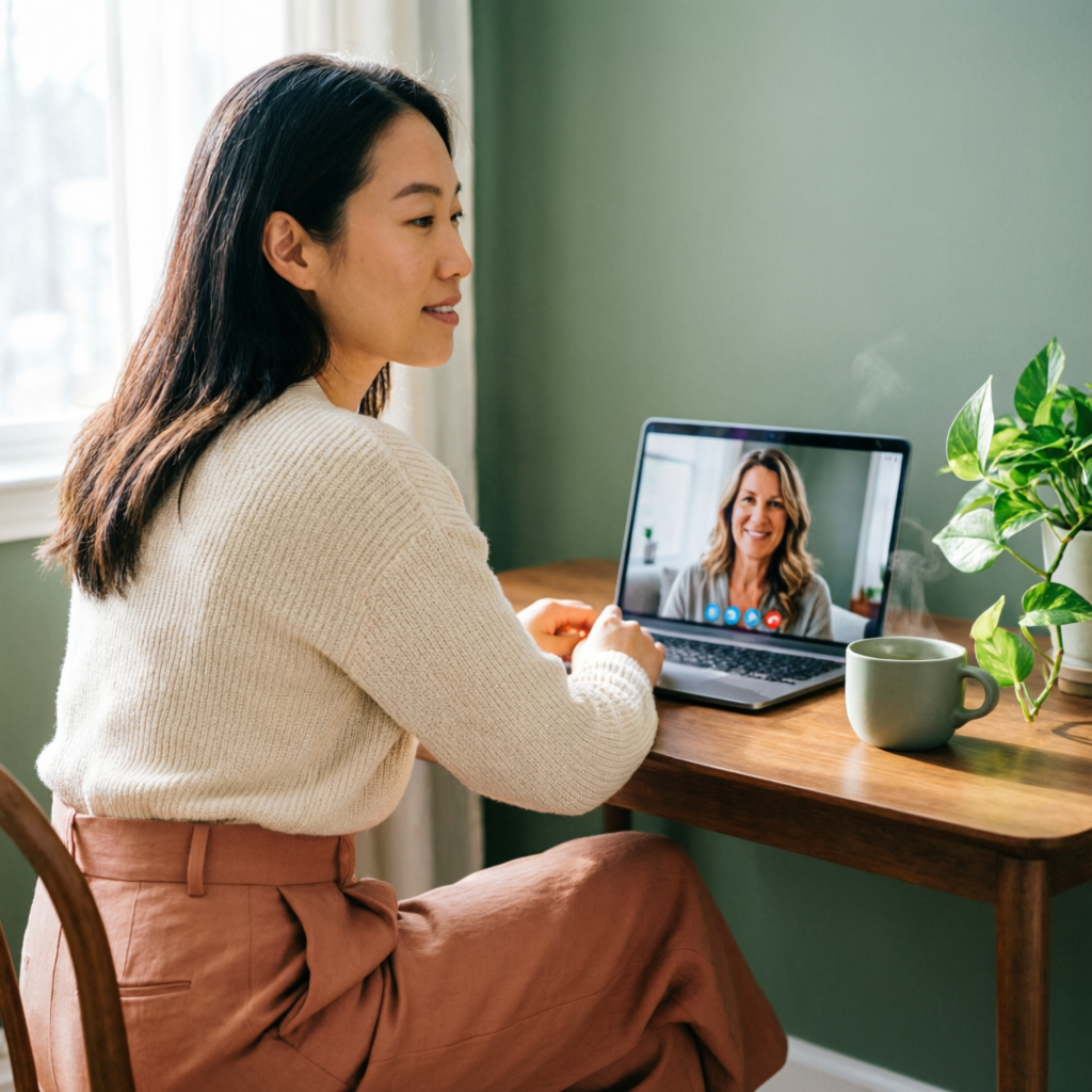 Persona en una sesión de terapia online por videollamada desde su casa