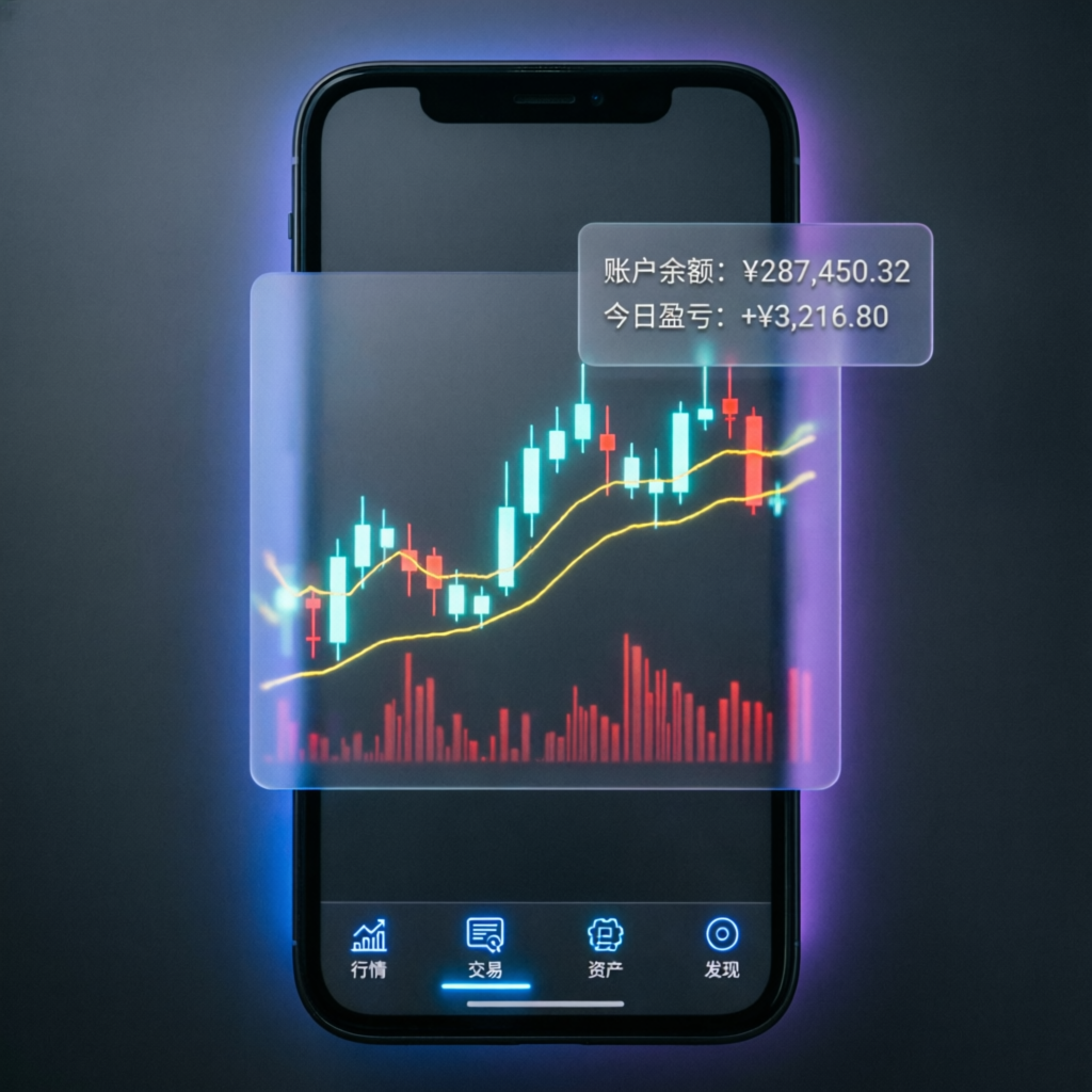 Mobile trading app showing account balance and daily profits