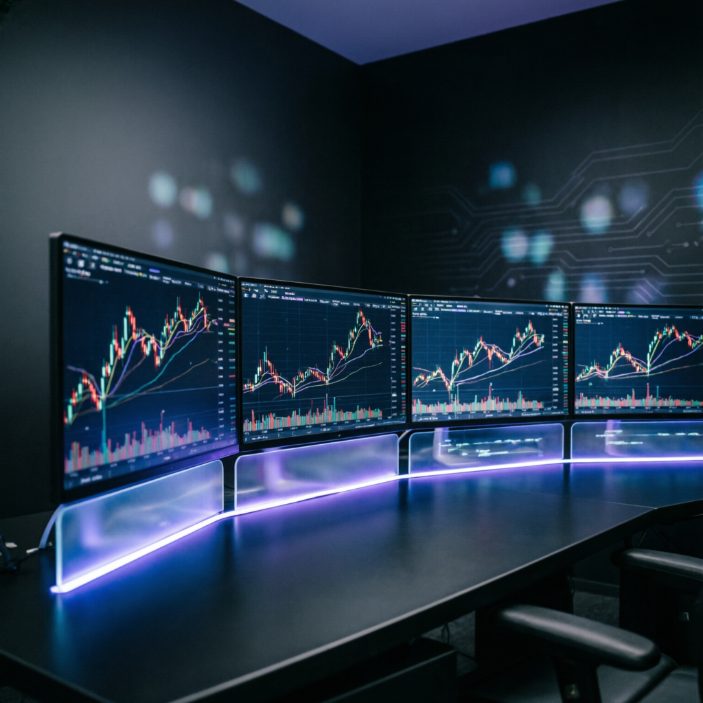 Professional trading desk with multiple monitors showing futures charts