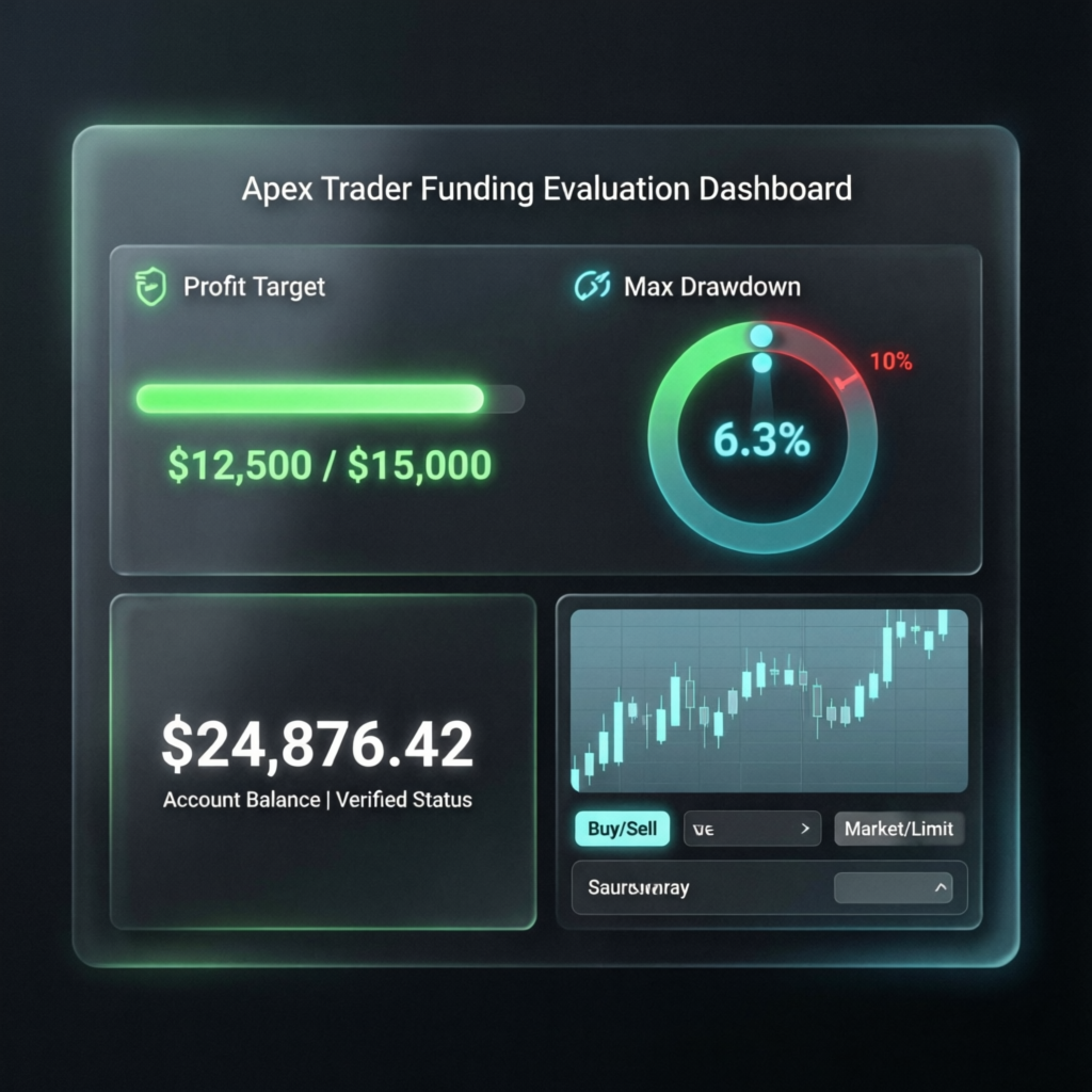 Apex Trader Funding Evaluation Dashboard showing profit target and drawdown metrics