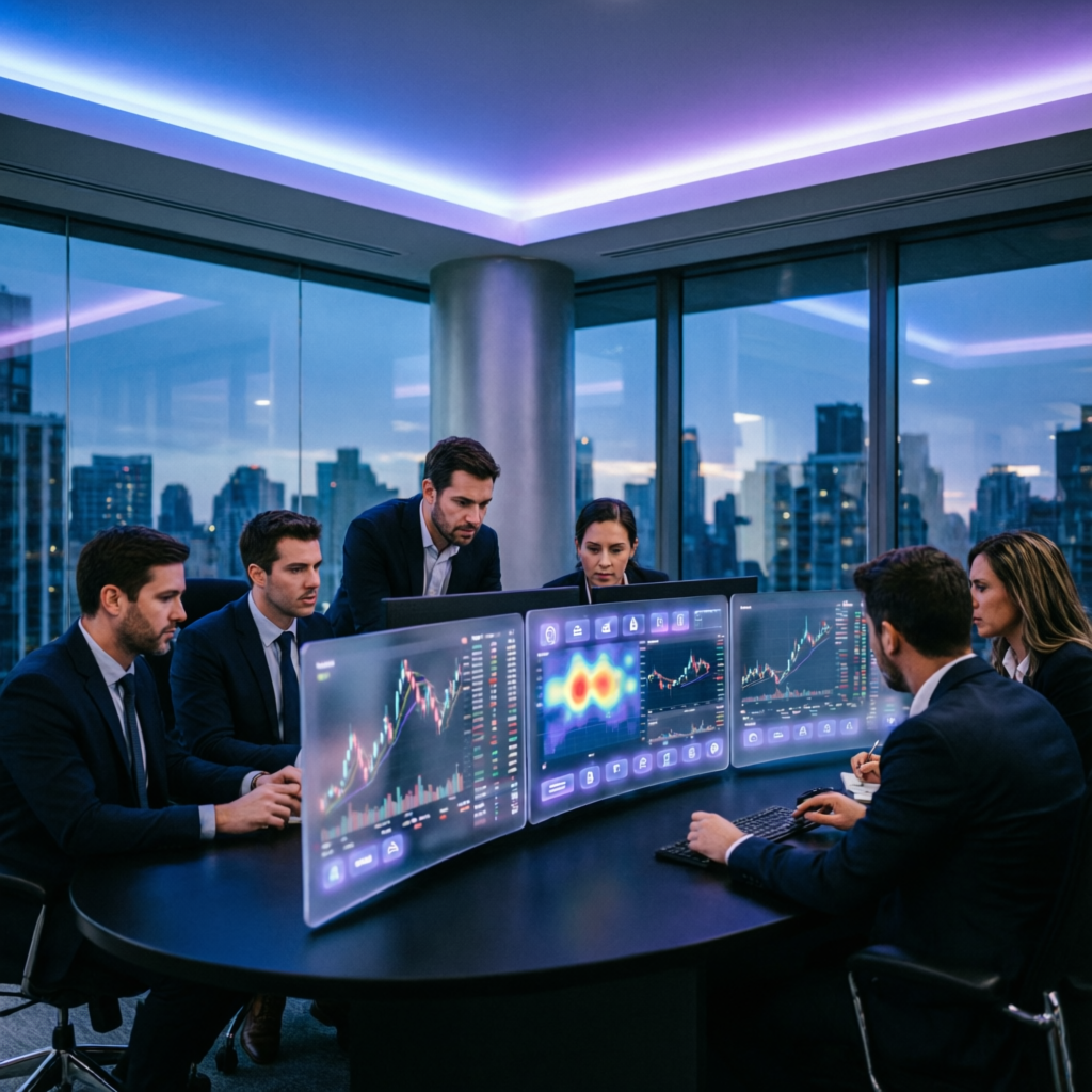 Professional prop firm trading team analyzing futures markets