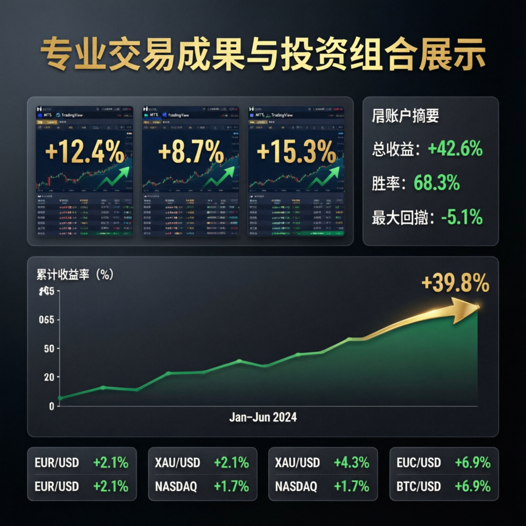 Professional trading results and portfolio showcase with profit screenshots and performance metrics