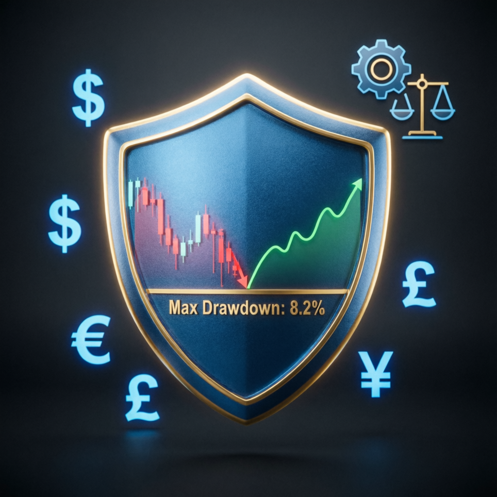 Trading risk management shield protecting forex charts with max drawdown protection indicators