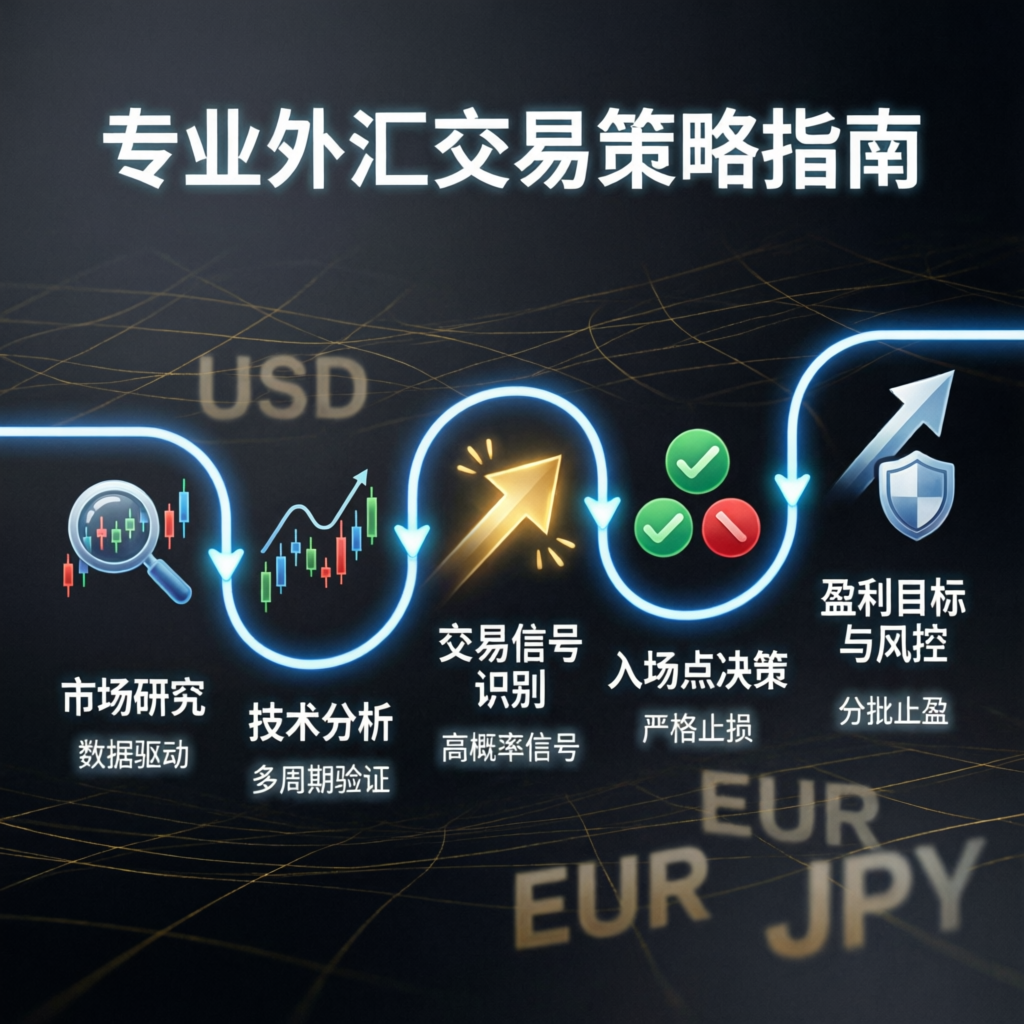 Professional forex trading strategy guide with market research, technical analysis, and risk management steps