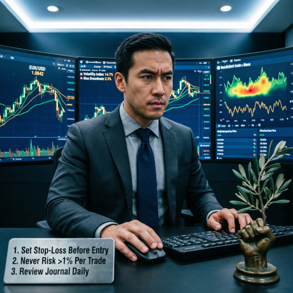 Professional trader maintaining discipline with stop-loss and risk management rules displayed