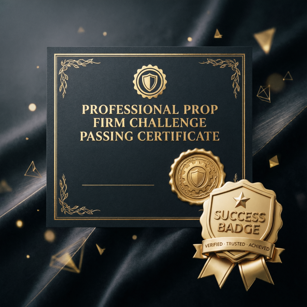 Professional prop firm challenge passing certificate and success badge - verified trusted achieved