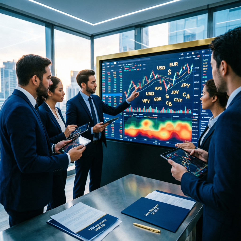 Professional forex account management team analyzing trading charts and market data