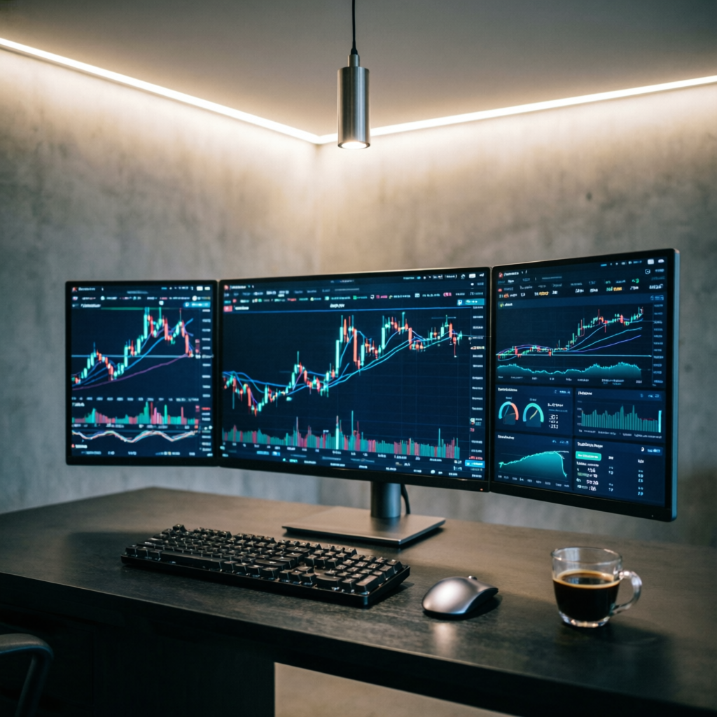 Professional forex trading workspace with multiple monitors displaying financial charts and trading dashboards