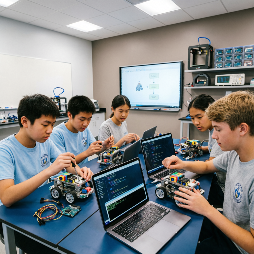 Estudiantes en el laboratorio de robótica y programación