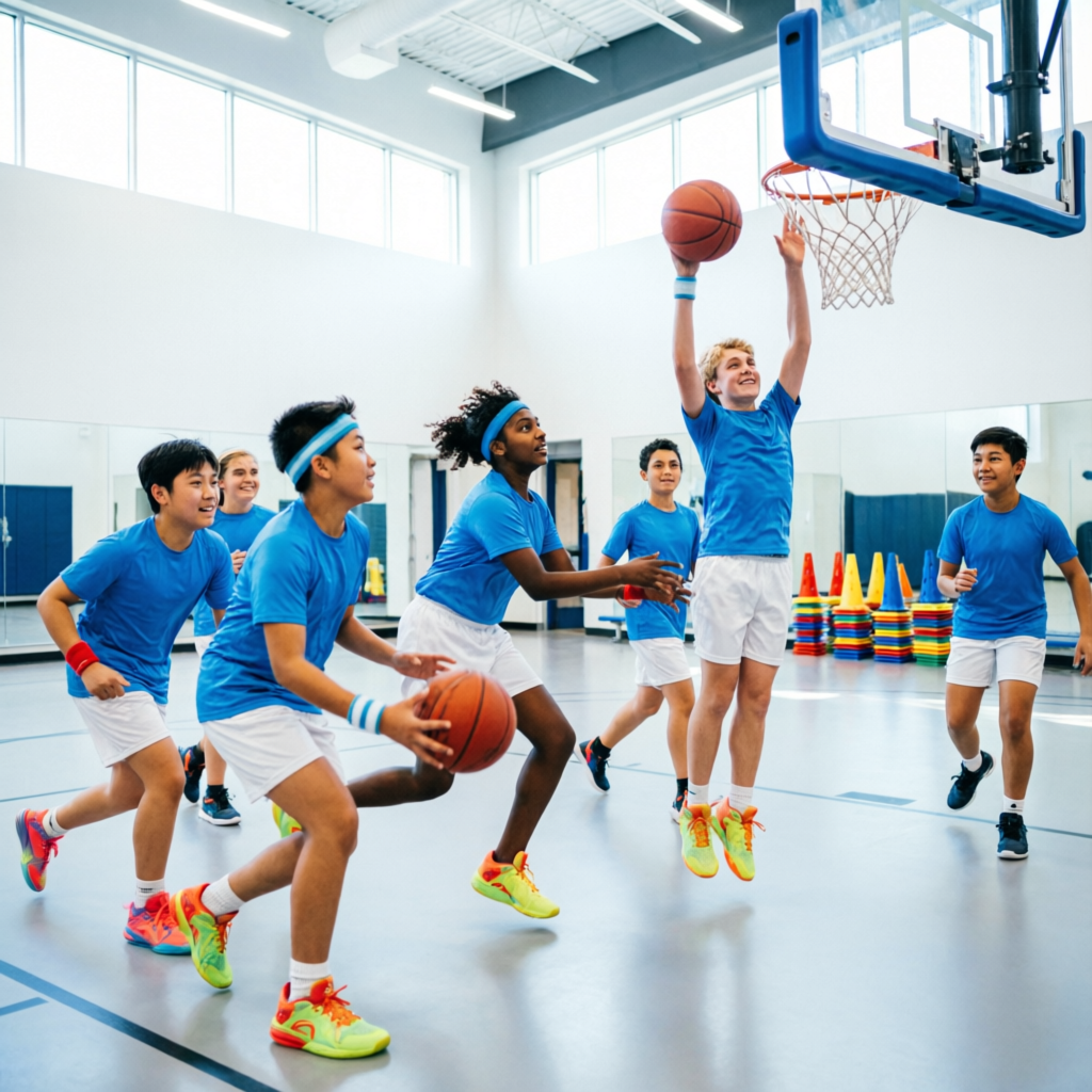 Estudiantes practicando deportes en el gimnasio del colegio