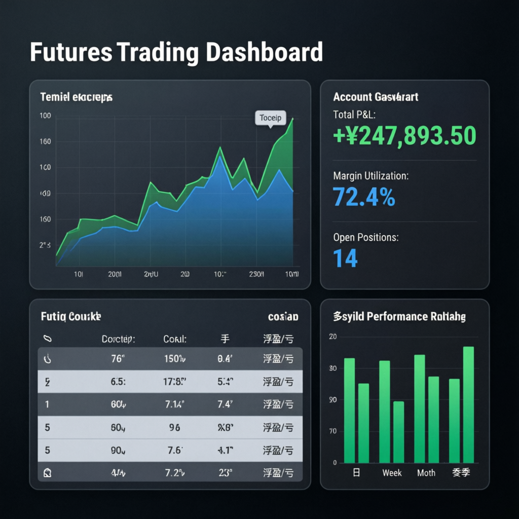 Modern trading dashboard showing futures trading statistics and performance metrics