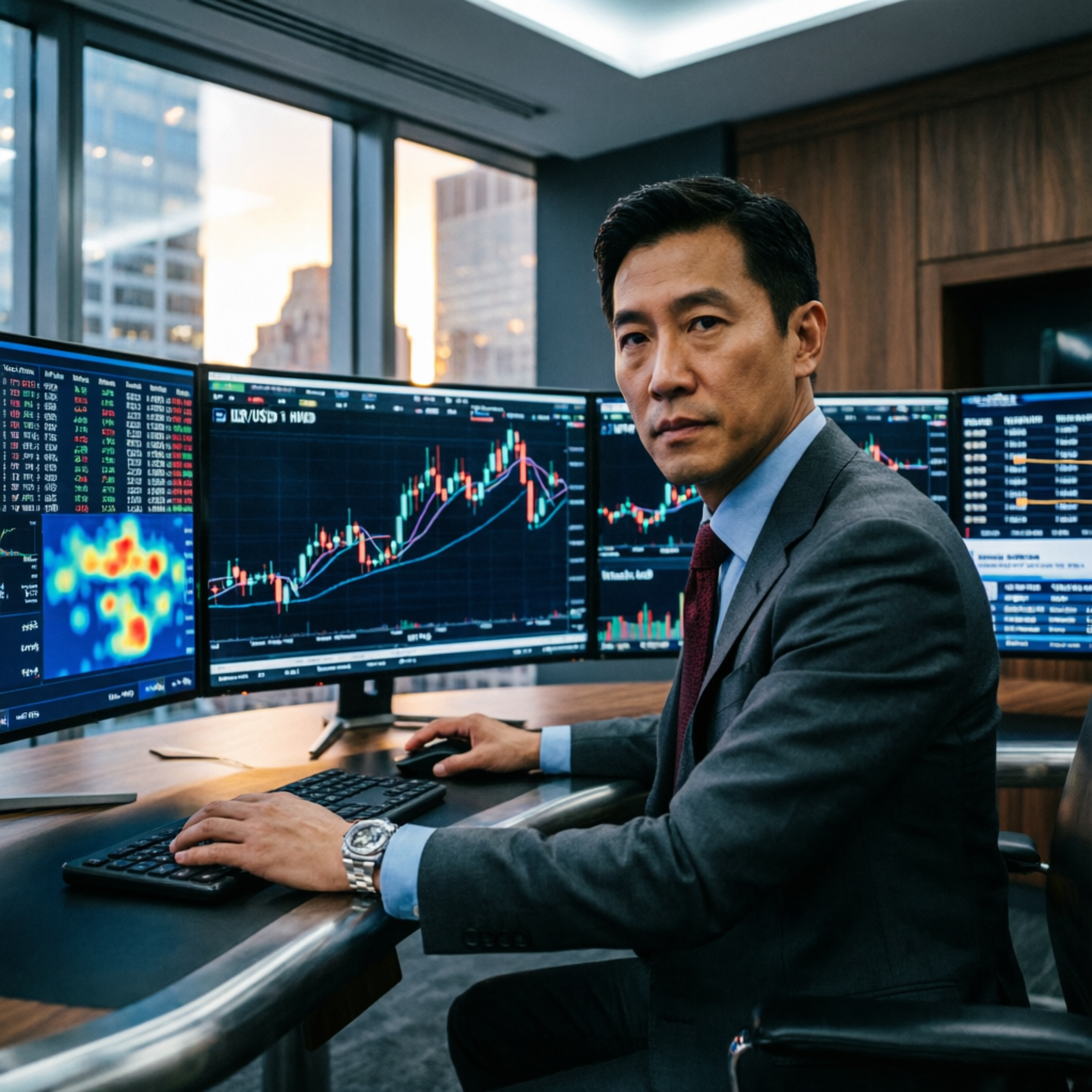 Professional forex trader analyzing multiple screens with live market data