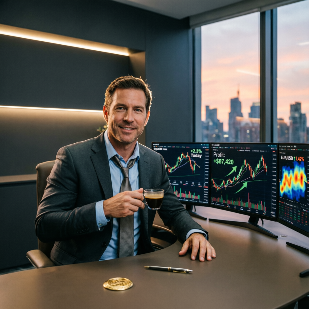 Professional trader celebrating success with profitable trading charts