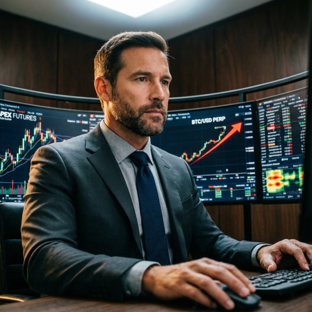 Professional trader analyzing Apex futures trading platform with multiple charts
