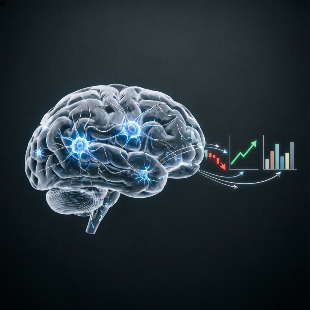 Trading psychology concept showing brain with financial charts