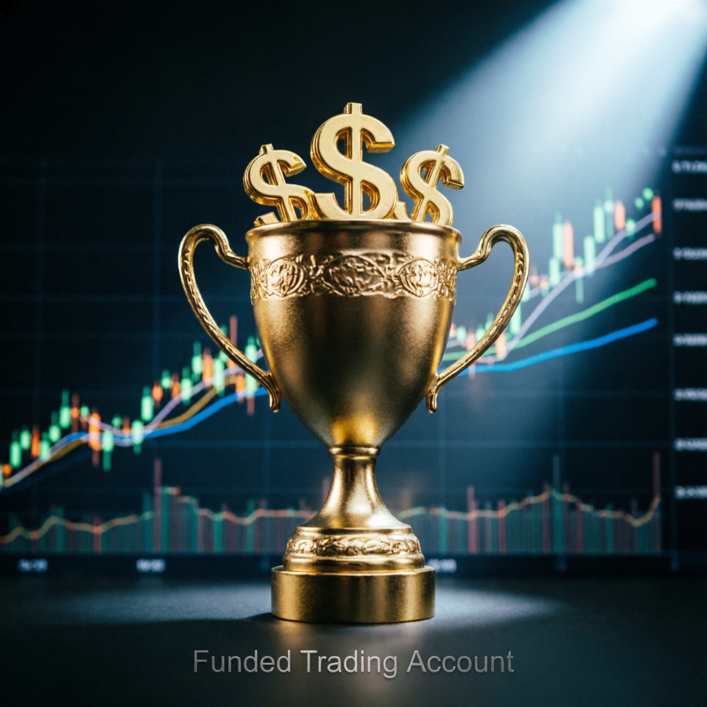 Funded trading account success concept with trophy and trading charts