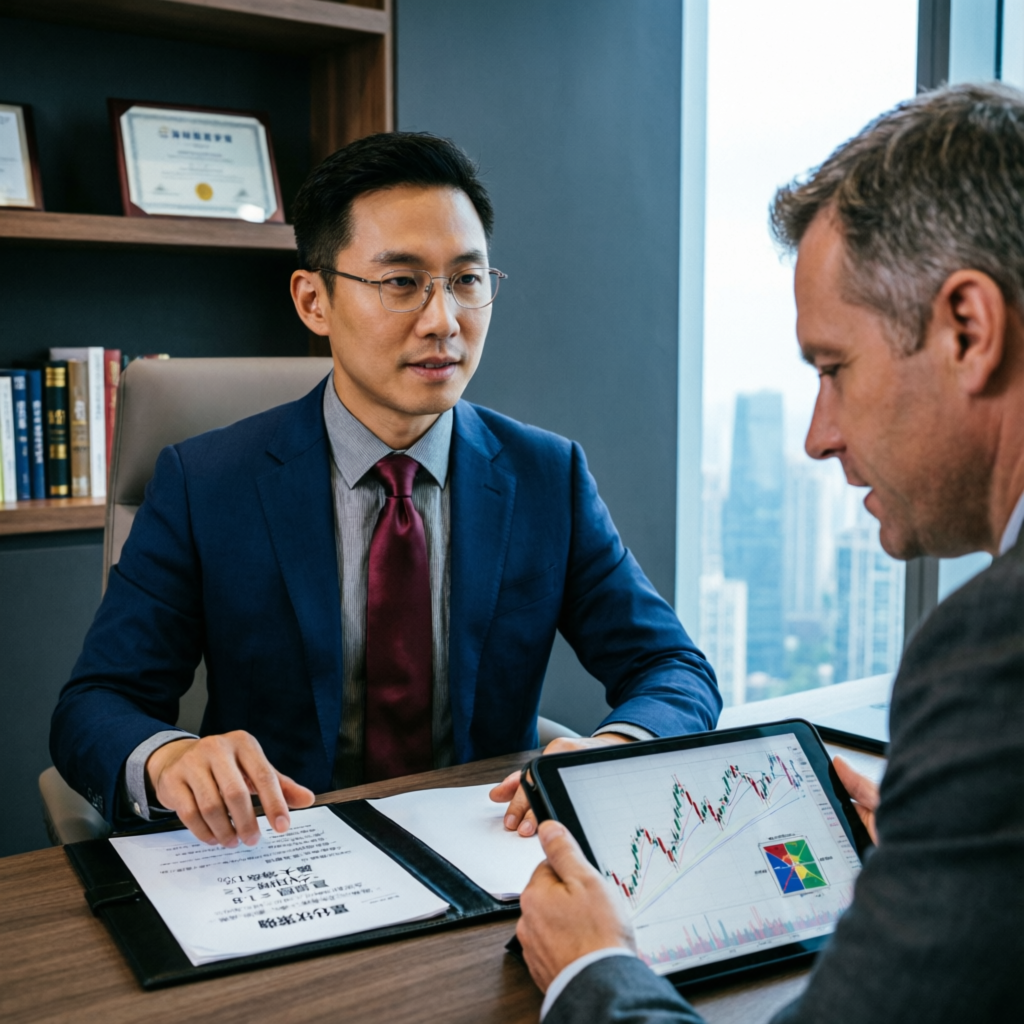 Professional financial advisor consulting with client about trading strategy
