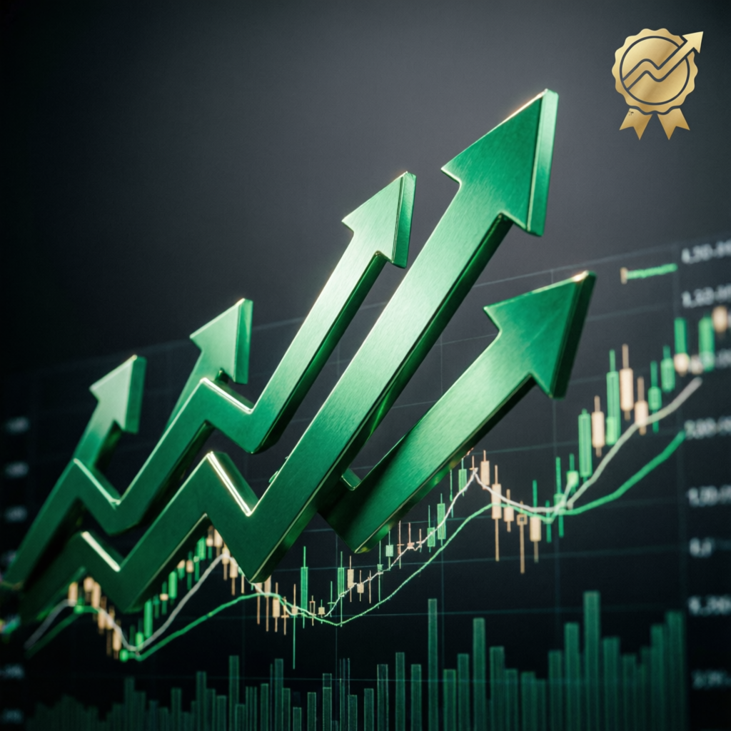 Financial growth concept with ascending green arrows and trading charts