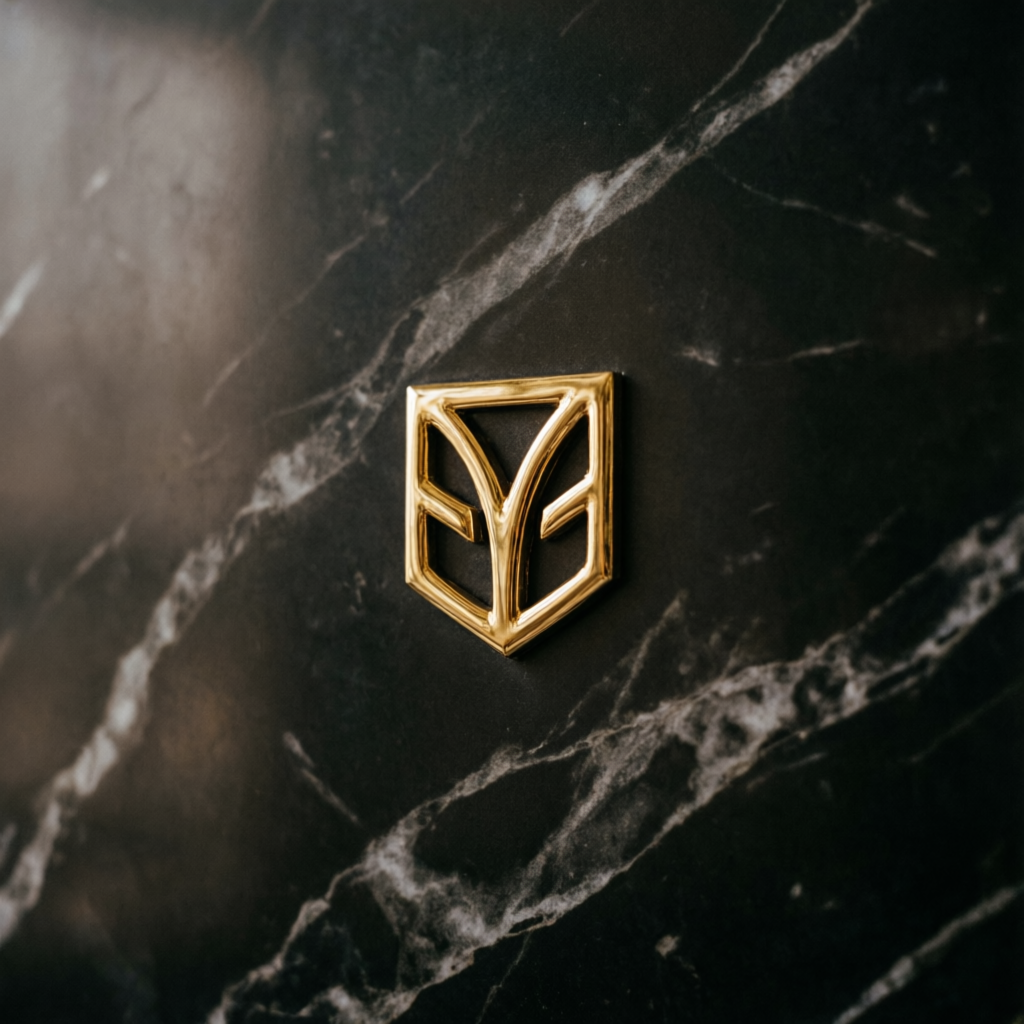Premium gold logo on black marble representing elite prop firm branding