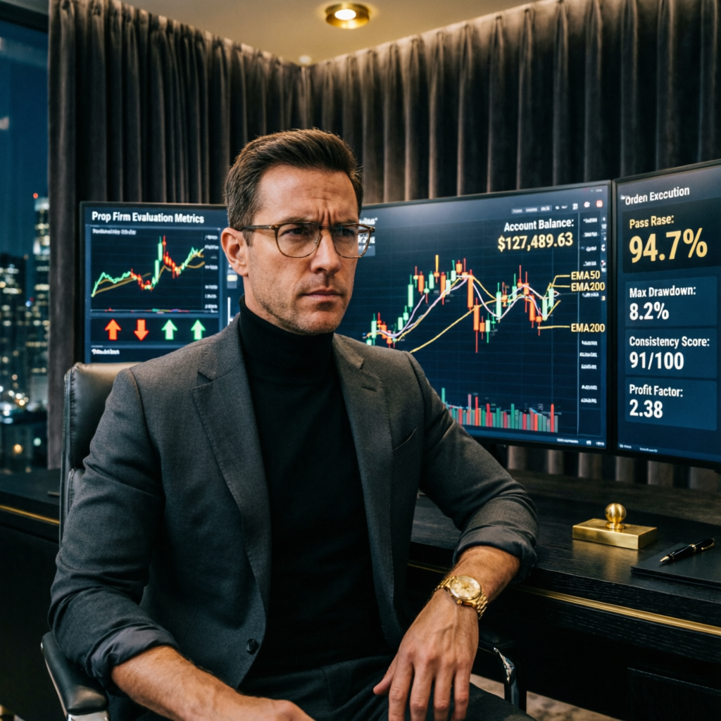 Professional trader analyzing prop firm evaluation metrics on multiple screens